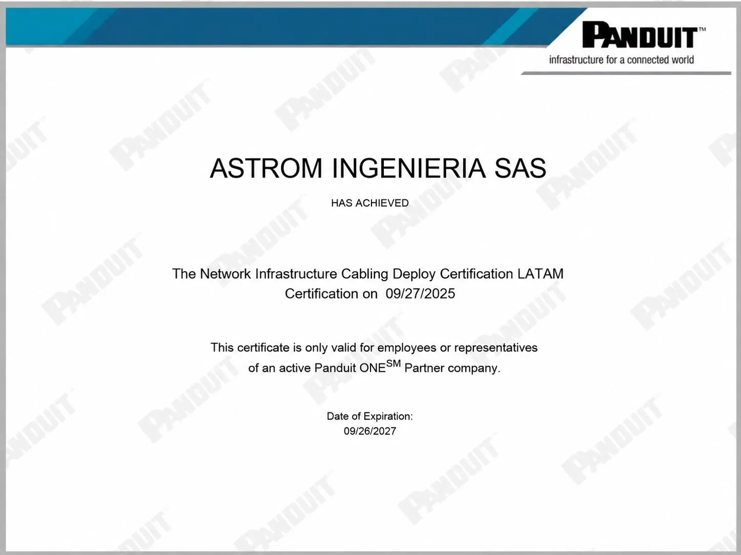 Certificado Network Infrastructure Cabling Deploy Certification LATAM otorgado por Panduit a Aström Ingeniería