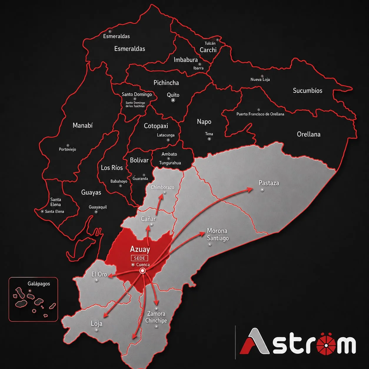 Mapa de cobertura de Aström Ingeniería en Ecuador: sede en Azuay con proyección al sur del país